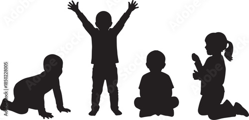 Silhouettes of four children in various poses on a white background, depicting a baby crawling, a child standing with arms raised, a child sitting cross-legged, and a also transparent background