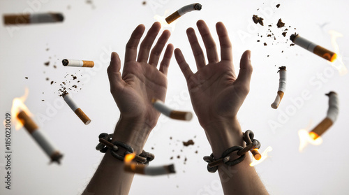 Hands with broken cigarette butt chains. Breaking free from a bad habit. Social advertising for a healthy lifestyle. AI generative.