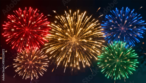 Fireworks of multiple colored explosions, radial trajectories of sparks and smooth fading are an epic festive effect. Use it for banners, holidays, and event videos. Vector. EPS_03.