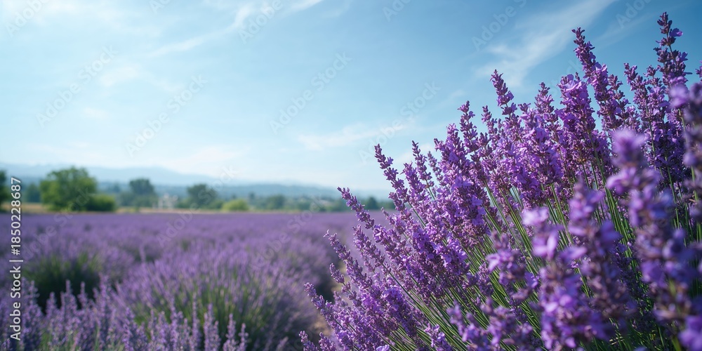 Fototapeta premium Violet flowers in a Turkish lavender garden, suitable for nature-themed UI backdrop