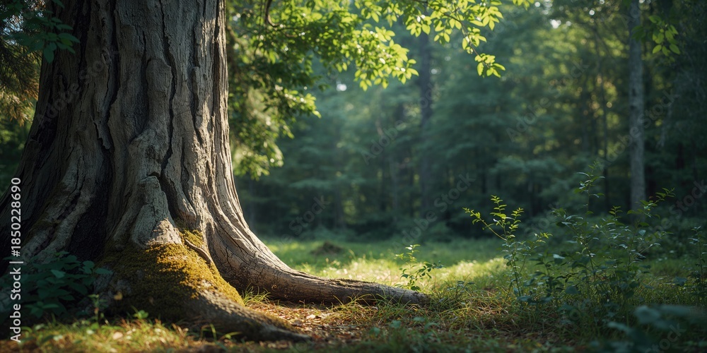 Obraz premium Old wood log on forest floor with foliage and leaf cover, highlighting natural decay processes, Earth Day