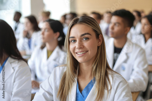 Close up portrait of a confident young blonde female physician in a lab coat and blue scrubs smiling while attending a medical seminar.