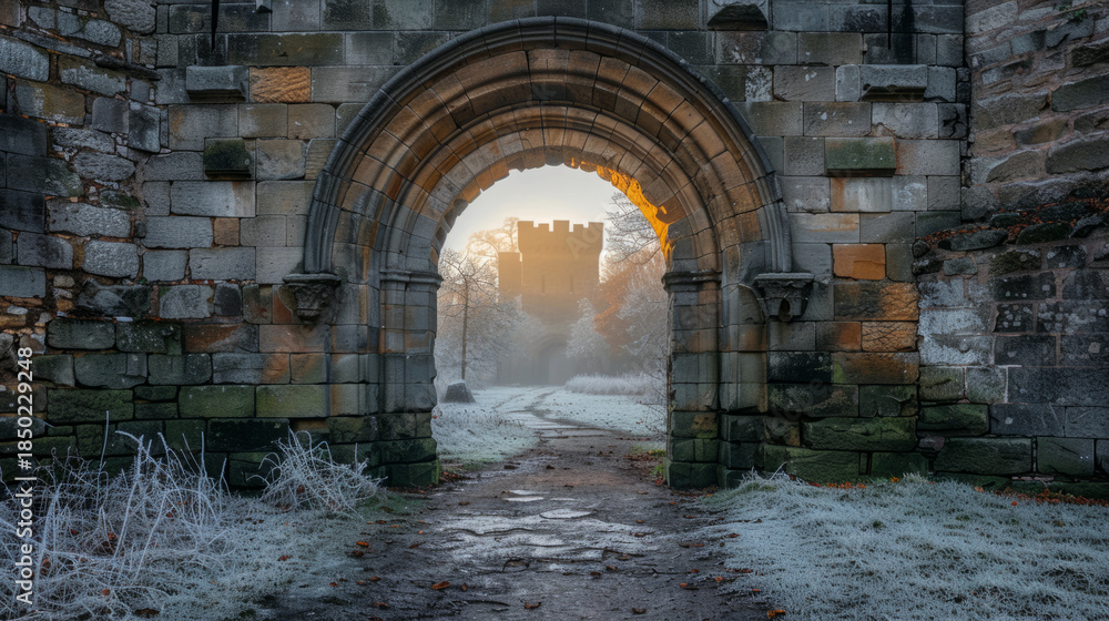 Fototapeta premium Historic Stone Archway Path at Sunrise