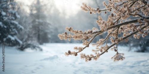 Wallpaper Mural Snow-covered larch branches with cones, highlighting seasonal change Torontodigital.ca