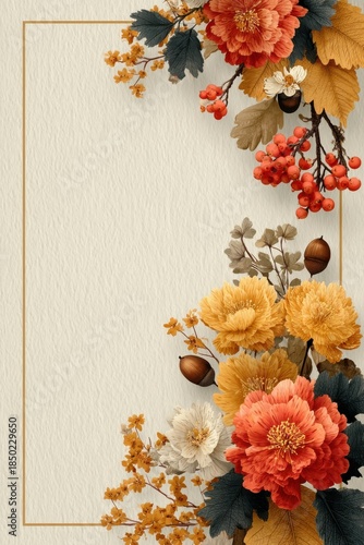 Autumn floral border with textured leaves and berries framing a warm beige background.