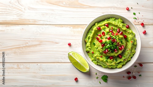Healthy Guacamole Dip with Pomegranate Seeds and Lime on White Wooden Background, guacamole bowl top view