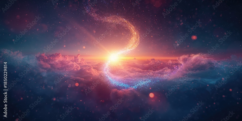 Obraz premium Colorful abstract design featuring dynamic light and space effects with white, black, blue, and glitter accents, ideal for graphic backgrounds and UI elements