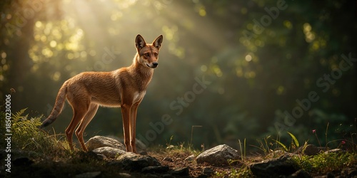 Indian wild dog, Cuon alpinus, resting in forest setting highlighting wildlife preservation