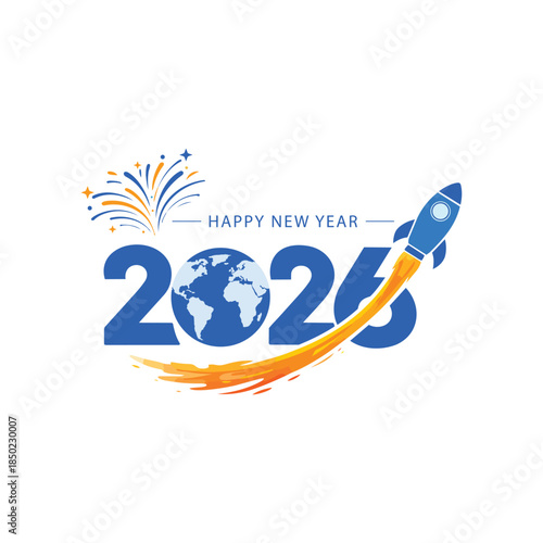 Happy New Year 2025 Innovation Concept with Rocket Launch and Globe, Modern Flat Vector Illustration Symbolizing Global Growth, Future Technology, Business Success and Celebration