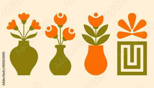 Three stylized orange flowers in green vases and a green square pattern on a cream background 