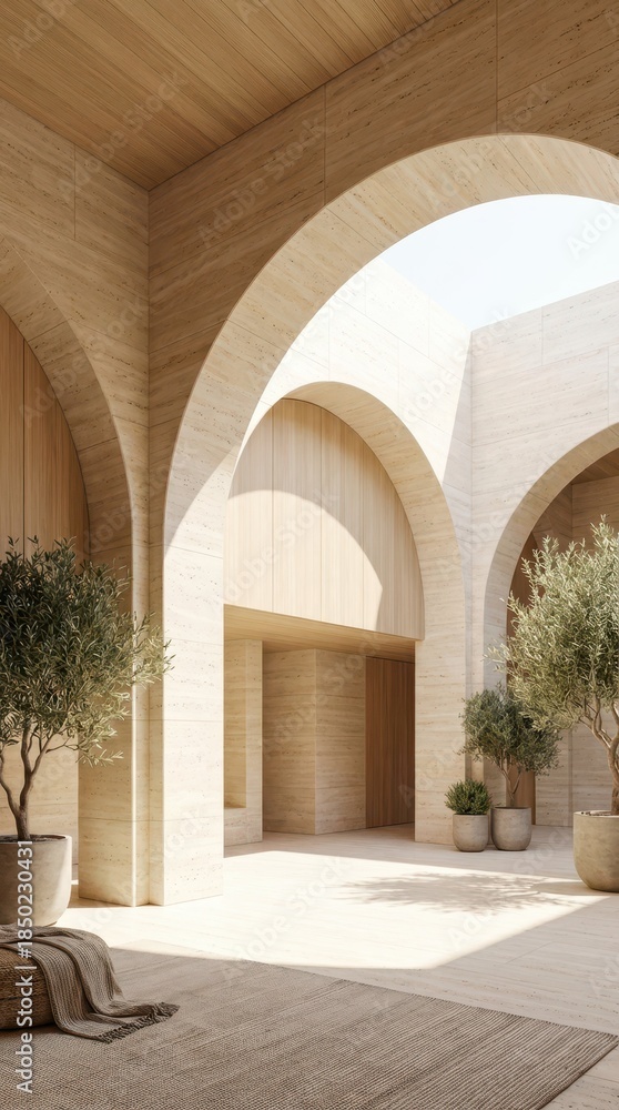 Fototapeta premium Minimalist interior design with arches and natural light in a gallery