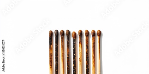Row of used matchsticks on a plain background, ignition tools, related to fire safety awareness