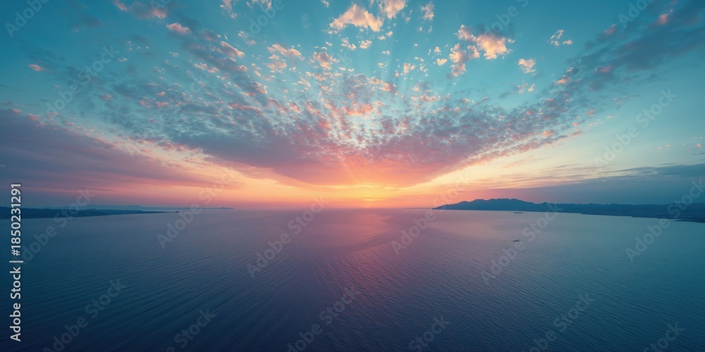 Obraz premium Panoramic shot of a sunrise over a calm sea with vibrant orange and blue tones, highlighting natural beauty, Earth Day