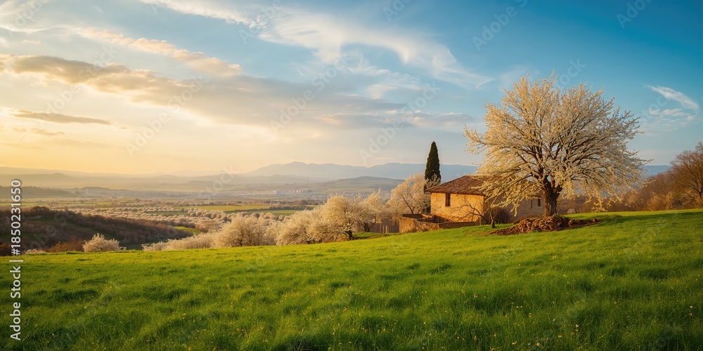 Fototapeta premium Spring scenery at Matarranya County in Teruel Aragon Spain with grass and land, illustrating natural landscape features