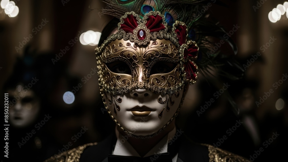 Fototapeta premium A person in a tuxedo wearing an elaborate golden mask with peacock feathers.