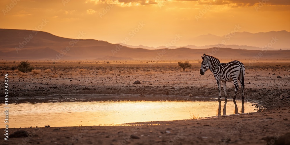 Naklejka premium Water and sunlight reflect on a zebra's black and white stripes during sunset in Africa, its herbivore nature