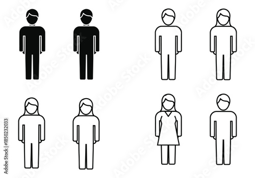 Collection of simple male and female pictogram icons in solid and outline styles