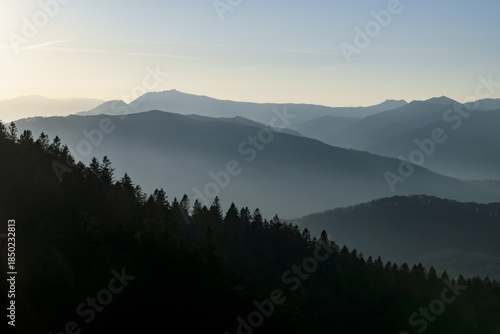 Sunrise in the Pyrenees of Navarre. Mountains of Navarre from Mount Bianditz.