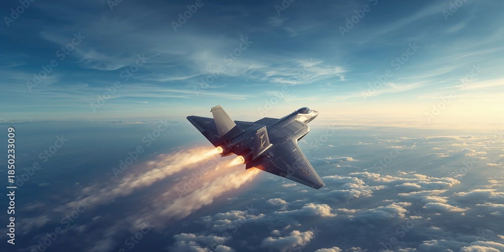 Fototapeta premium F-22 fighter executing a high-speed maneuver with active afterburners, surrounded by vapor clouds, highlighting military aircraft performance