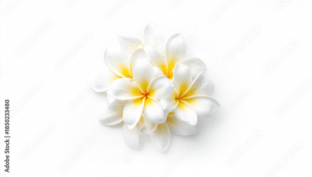 Naklejka premium Grouped white and yellow Plumeria blossoms used as a botanical display or background element