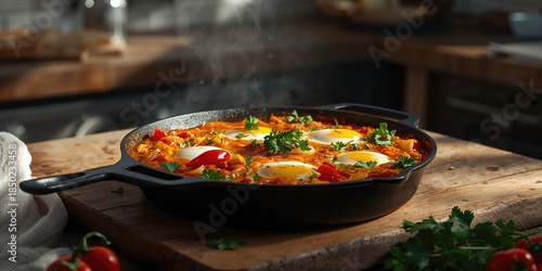 Eggs fried in tomato sauce with vegetables served in a pan, emphasizing breakfast cooking techniques