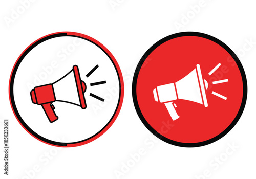 Two megaphone icons, one in a white circle and one in a red circle