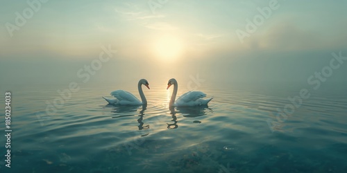 Fototapeta Naklejka Na Ścianę i Meble -  Serene scene of swans gliding on a misty lake at dawn, highlighting peaceful aquatic habitat