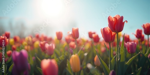 Colorful tulips densely packed in a blooming flower field emphasizing seasonal growth