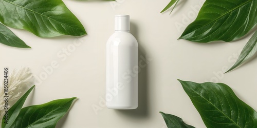 White bottle packaging for personal care products with green leaves emphasizing natural ingredients, ideal for branding layouts, Earth Day
