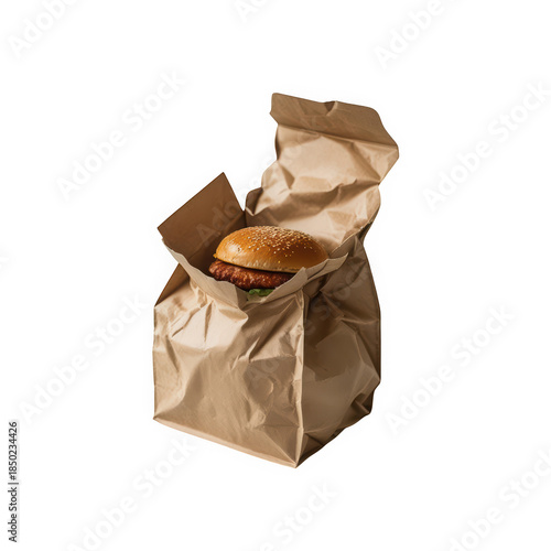 Delicious burger in a brown paper food bag on transparent background