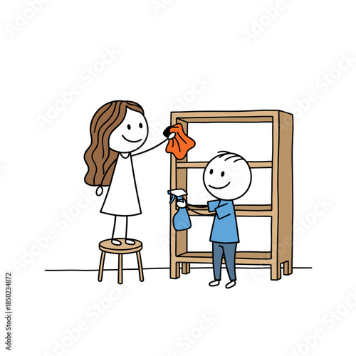 Girl helping boy clean shelves in bright indoor setting  