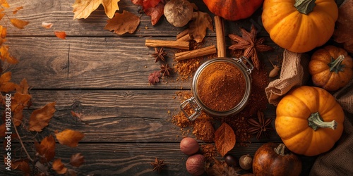 Fototapeta Naklejka Na Ścianę i Meble -  Top-down view of homemade pumpkin pie spice blend with spices and herbs, designed for fall baking, autumn seasonal observance