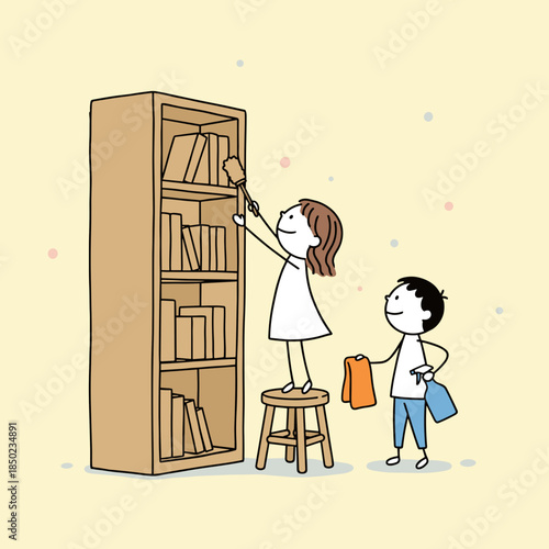 Children Cleaning Bookshelf Together
