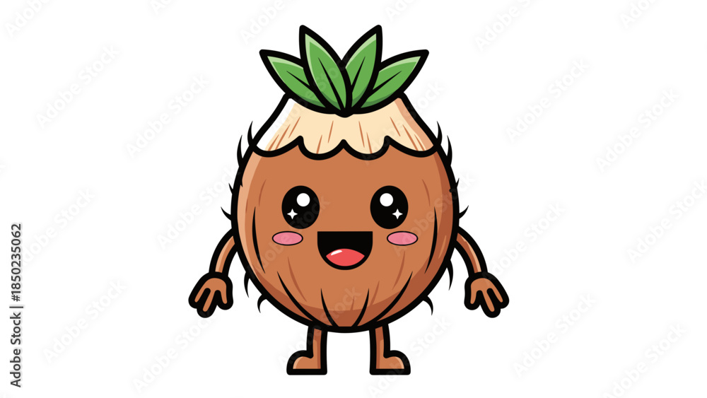 Obraz premium Cartoon Coconut Character with Leaves.