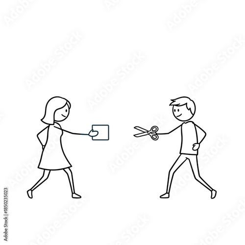 Stick figures playing rock-paper-scissors in minimalist style  