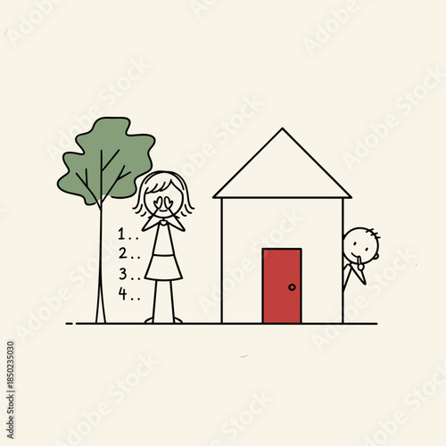 girl is counting while the boy is hiding behind the house. The children are playing hide-and-seek.