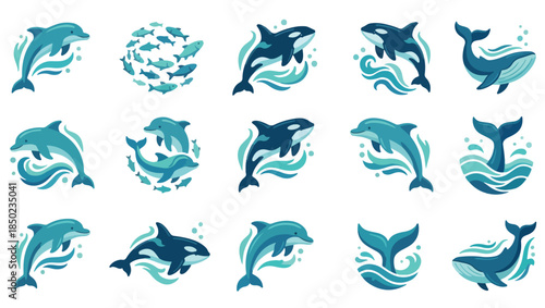 Stylized Marine Animal Vector Set, marine animal vector illustration, ocean wildlife artwork, dolphin and whale vector, orca and fish illustration, sea life collection, aquatic animal set,
