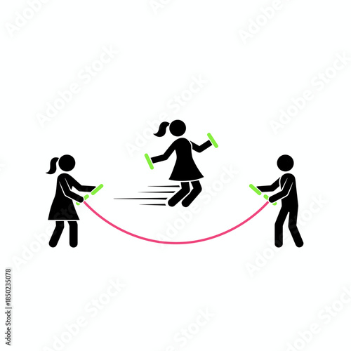 Silhouettes of children playing jump rope in playful movement  