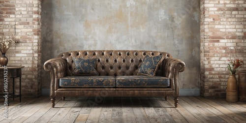 Antique sofa with detailed upholstery set against a painted brick wall, ideal for interior design backgrounds
