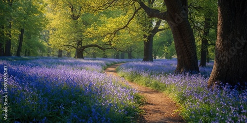 Springtime forest trail with blooming flowers, suitable for editorial header backgrounds