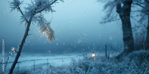 Frozen landscape with ice-covered grass and sea, erosion risk perspective, World Environment Day