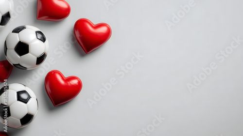 Football soccer balls with red hearts on light background