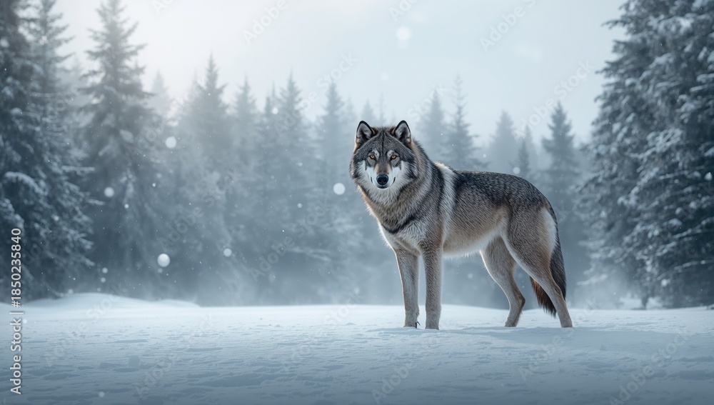 Naklejka premium Winter scene with a grey wolf moving through icy landscape, highlighting natural habitat and resilience, World Wildlife Day