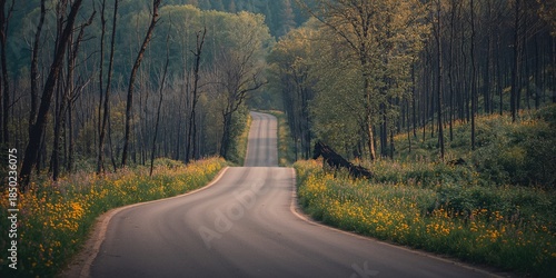 Path leading to a natural arch framed by scorched trees and blooming flowers, highlighting ecological recovery and seasonal change