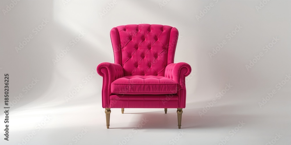 Fototapeta premium Pink quilted fabric armchair with brass legs, used as a decorative accent piece, emphasizing pattern and craftsmanship