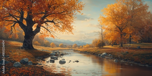 Classic artwork illustrating fall foliage and a creek, highlighting natural preservation