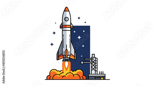 Rocket launching from a platform with smoke and stars in the background