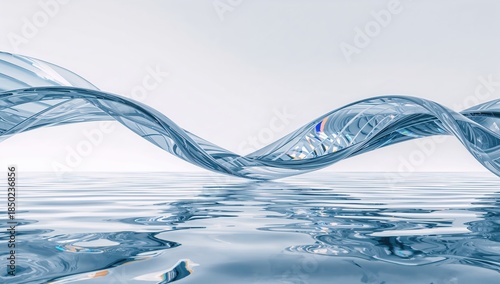 Glass ribbon wave on water surface, 3D abstract wallpaper suitable for banners
