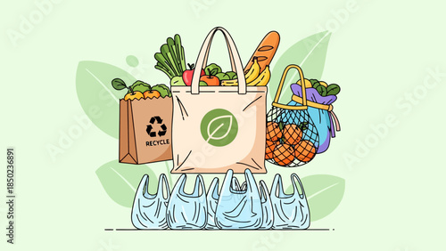 Illustration of reusable bags filled with groceries with plastic bags at the bottom