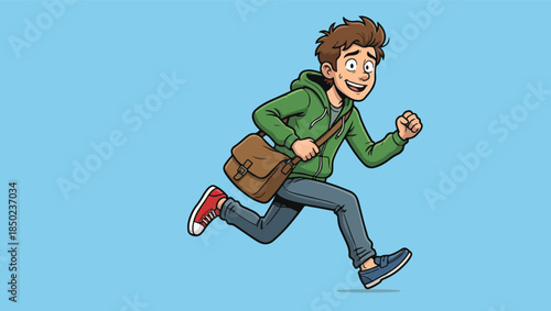 Cartoon Young Man Running Illustration, cartoon character running, young man illustration, hurried character art, digital cartoon drawing, playful expression, nervous grin, wide eyes character,